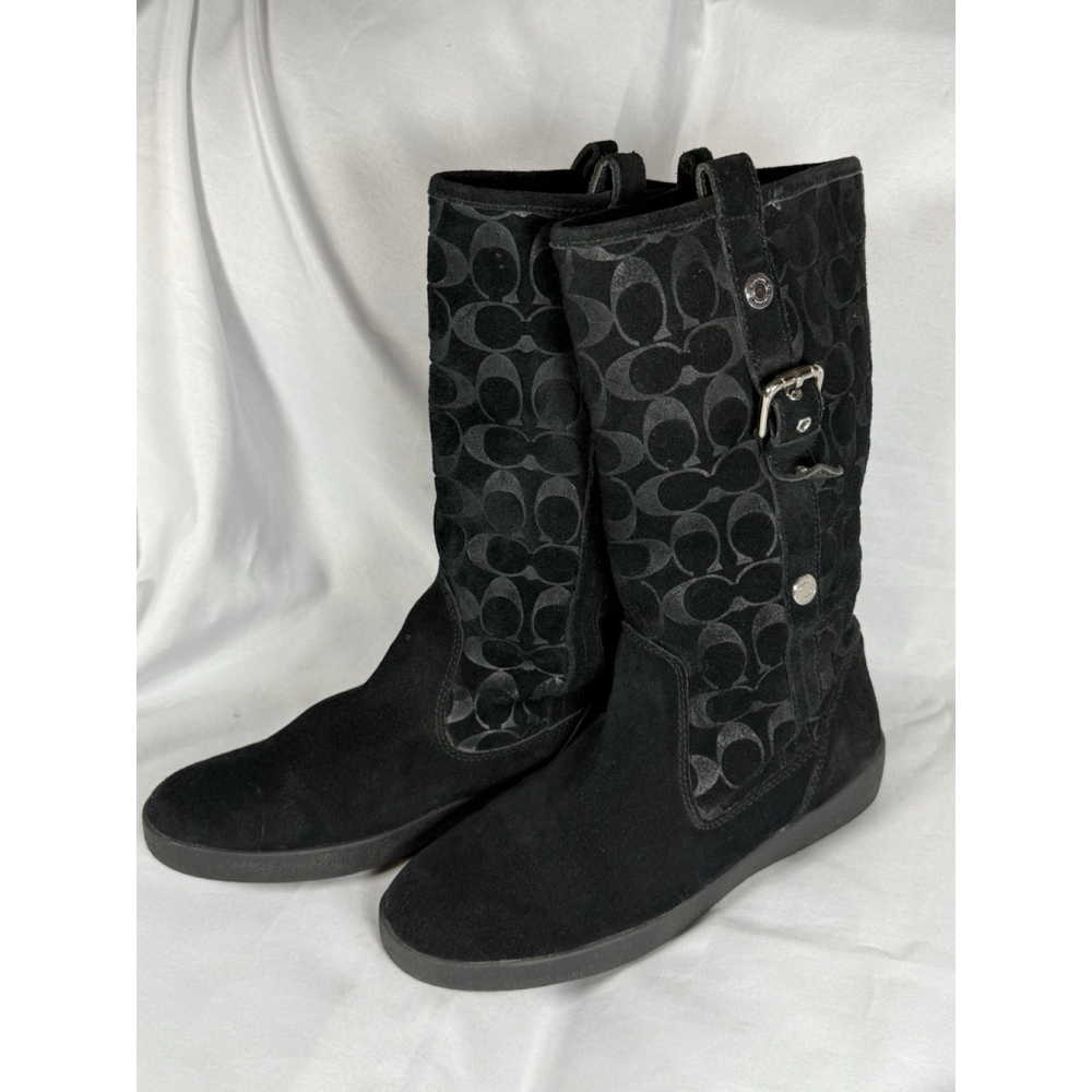 Coach Black Suede Tullip F2020/G12 Monogram Mid-Calf Boots Women Sz 11B Faux Fur - Picture 2 of 13